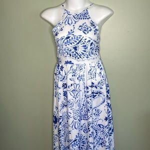Silky maxi dress Santorini coastal nautical blues and white womens lg